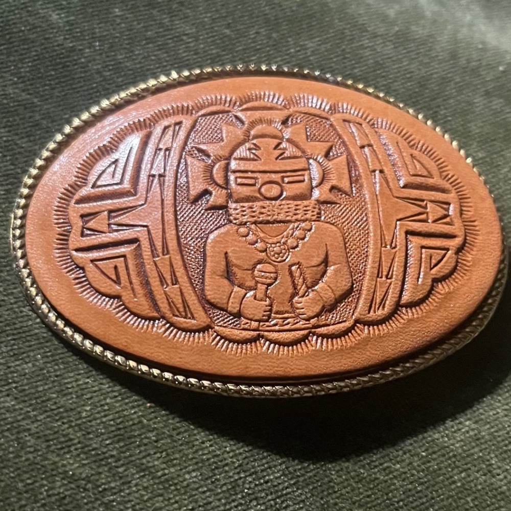 Oval‎ Hand-tooled Leather Kachina Belt Buckle southwestern 70s Cowboy